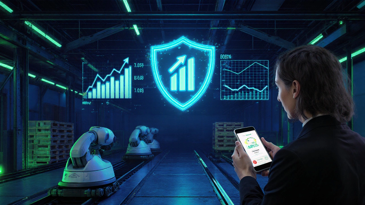 Автономные роботы в фабрике, всплывающие KPI и защитный щит, довольный клиент.