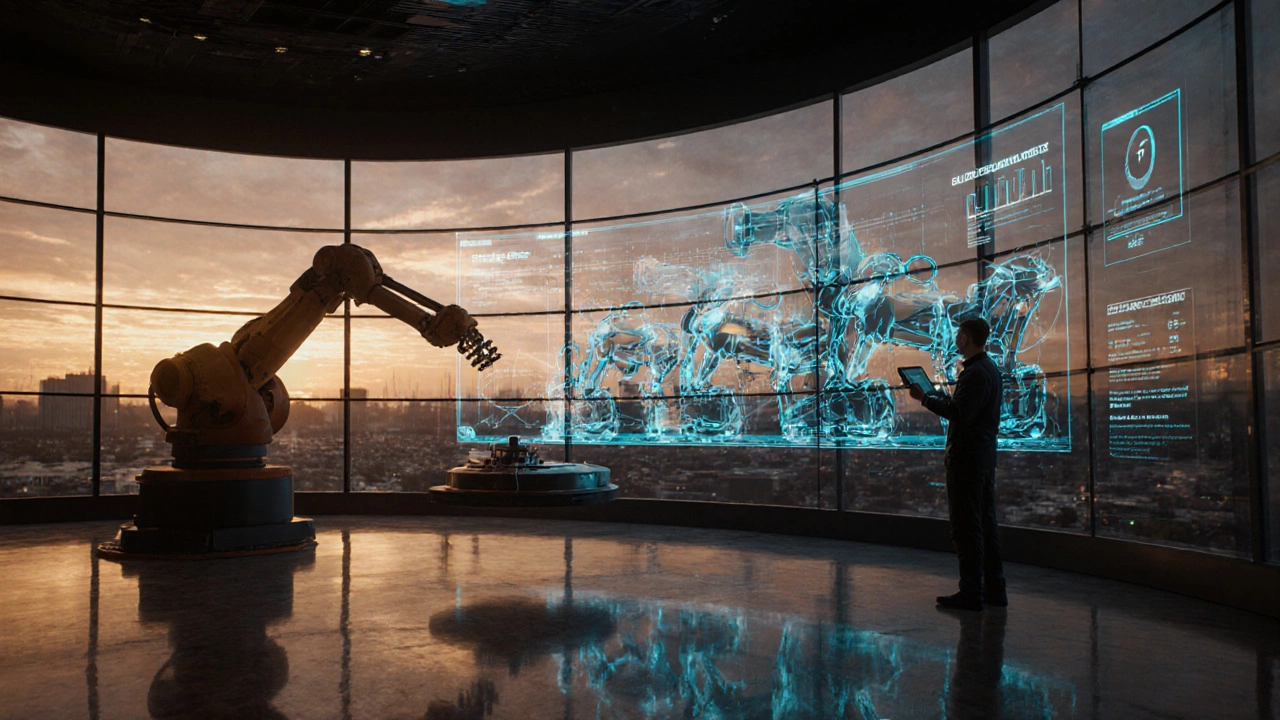 Центр мониторинга автозавода в Самаре: экраны, цифровой двойник и роботизированный манипулятор.