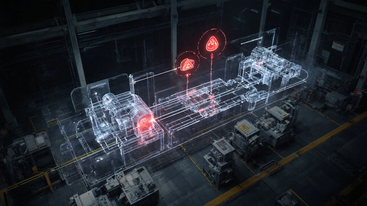 Цифровой двойник производственной линии в виде голографической модели над реальным цехом.