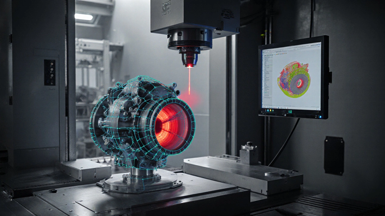 Координатно-измерительная машина сканирует деталь, отклонения показаны красными линиями на 3D-модели.
