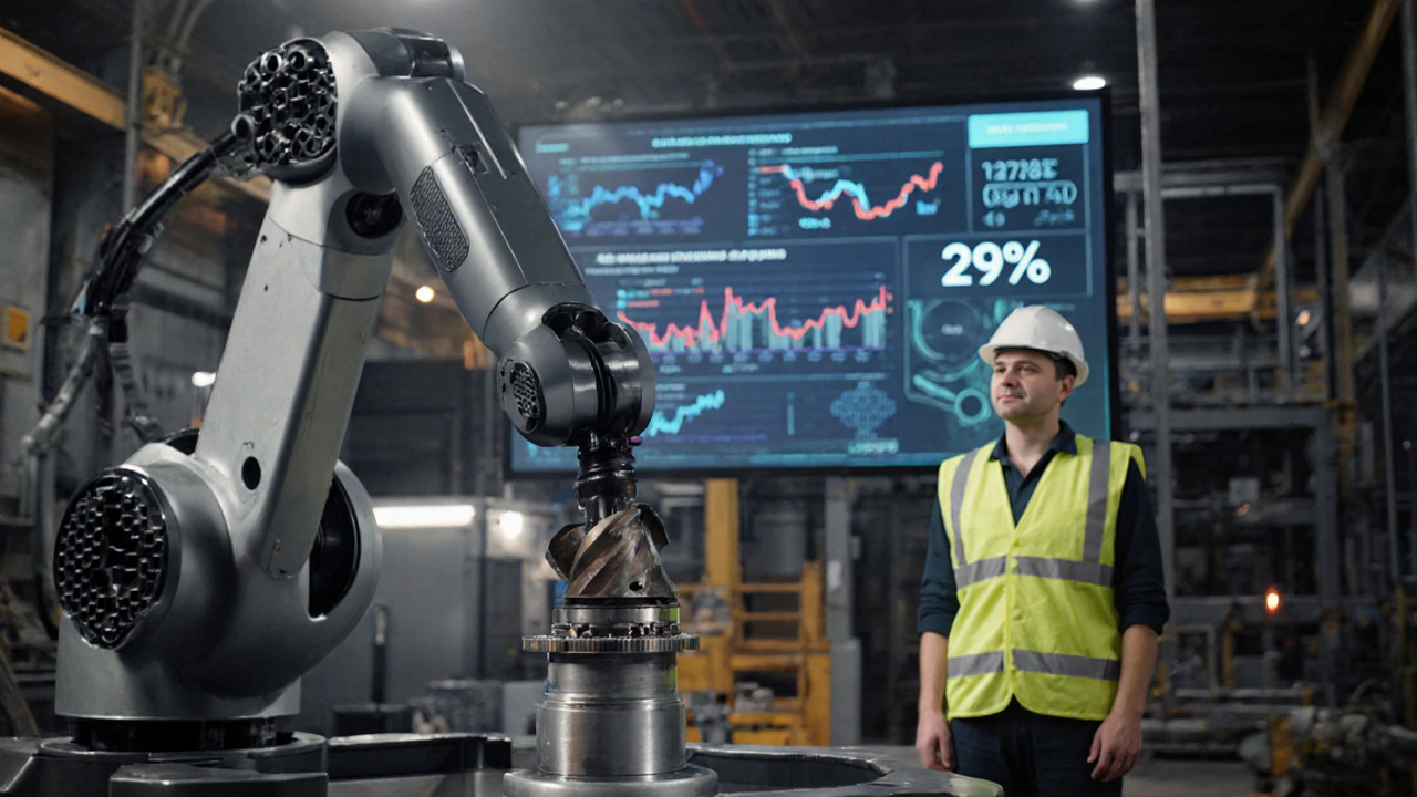 Робот заменяет инструмент по данным ИИ, оператор наблюдает за аналитикой на экране.