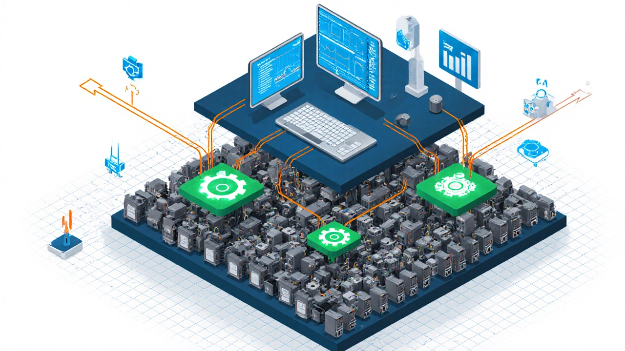 Схема многоуровневой архитектуры автоматизации: датчики, PLC, SCADA, MES, ERP и IoT.