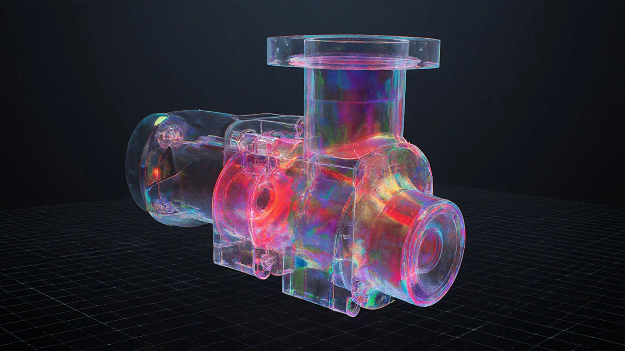 Симуляция гидравлического насоса под давлением с цветовыми зонами напряжения.