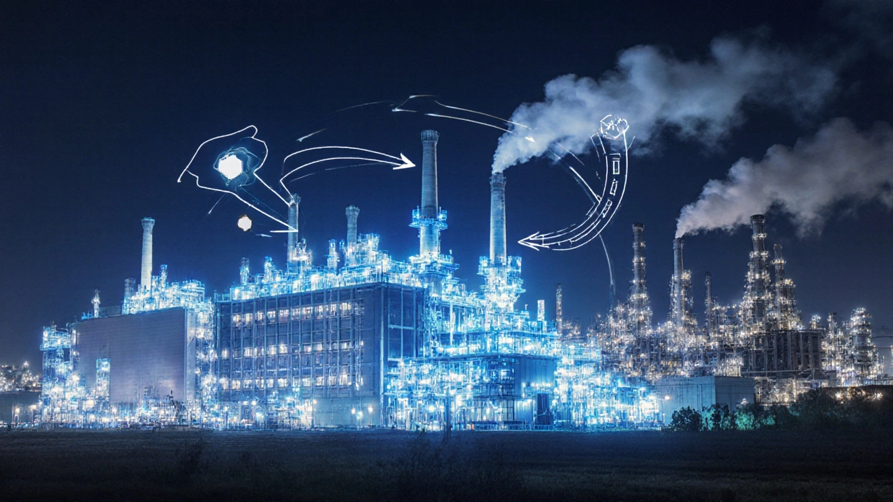 Современный завод по производству полимеров в Казани светится ночью, рядом — устаревшие НПЗ, символизируя переход к переработке.