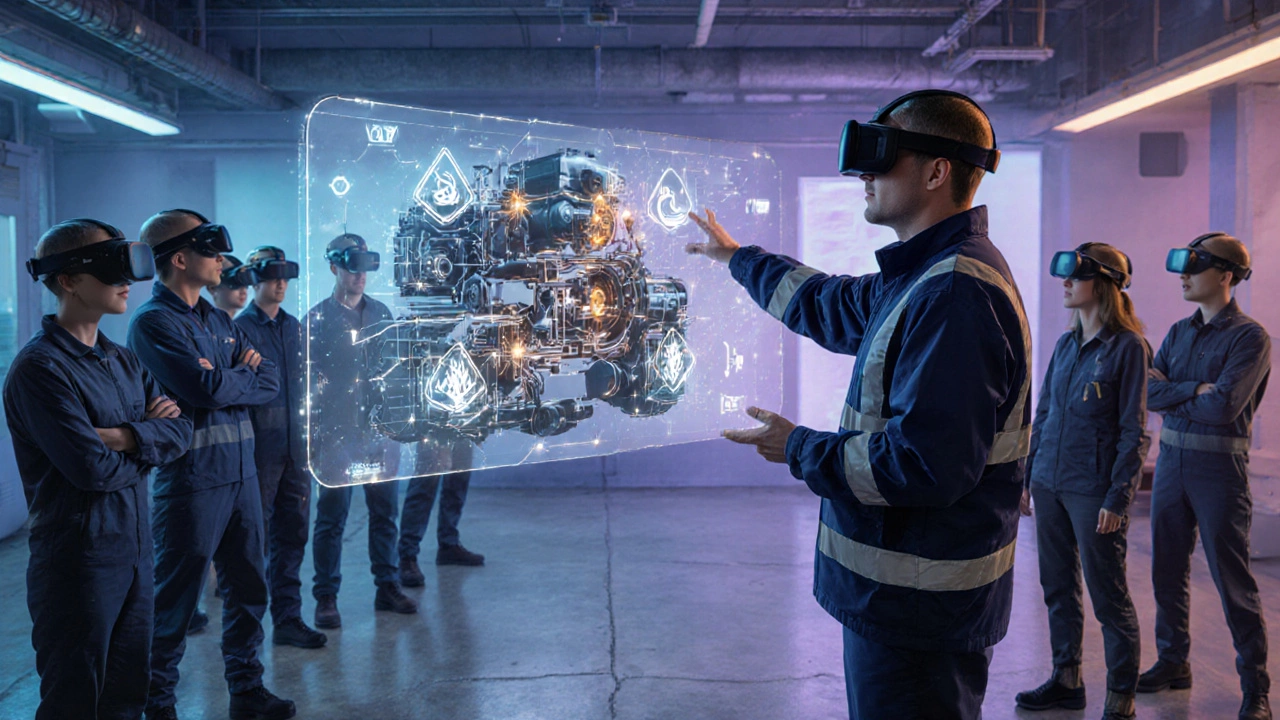 Тренинг по безопасности с VR‑шлемами и голограммой машины.