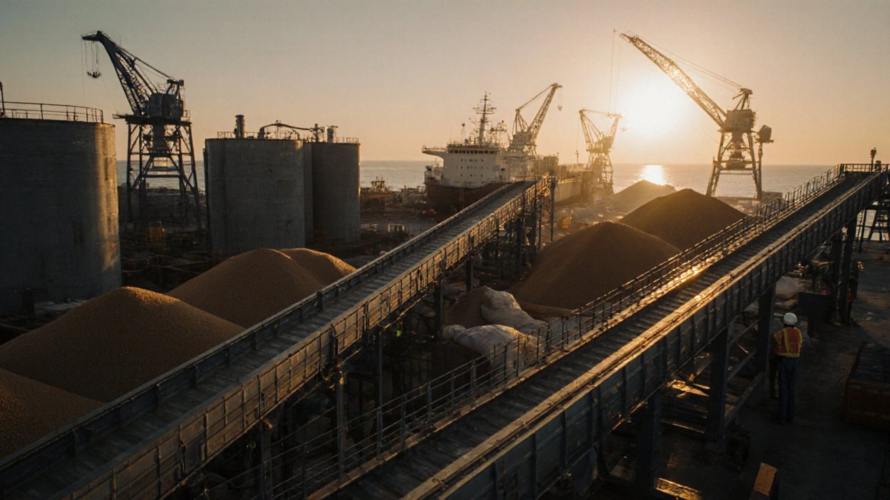 Зерновой терминал на Чёрном море: конвейеры транспортируют пшеницу на грузовой корабль при рассвете.