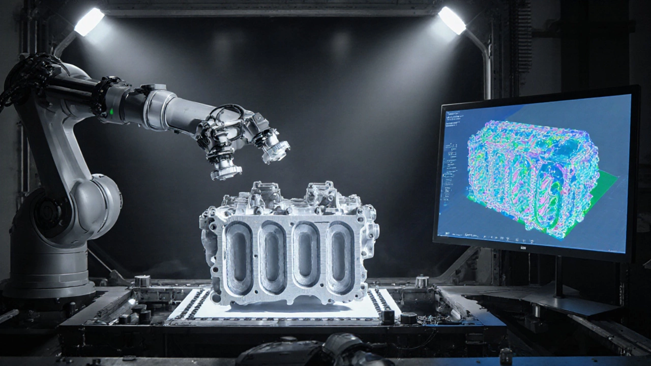 3D-напечатанный гидравлический блок под инспекцией робота с ИИ в производственной среде.