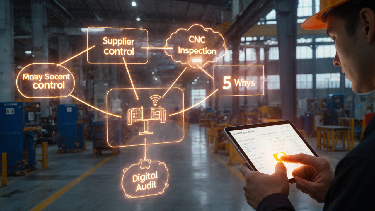 Цифровая схема системы управления качеством с потоками данных по заводу.