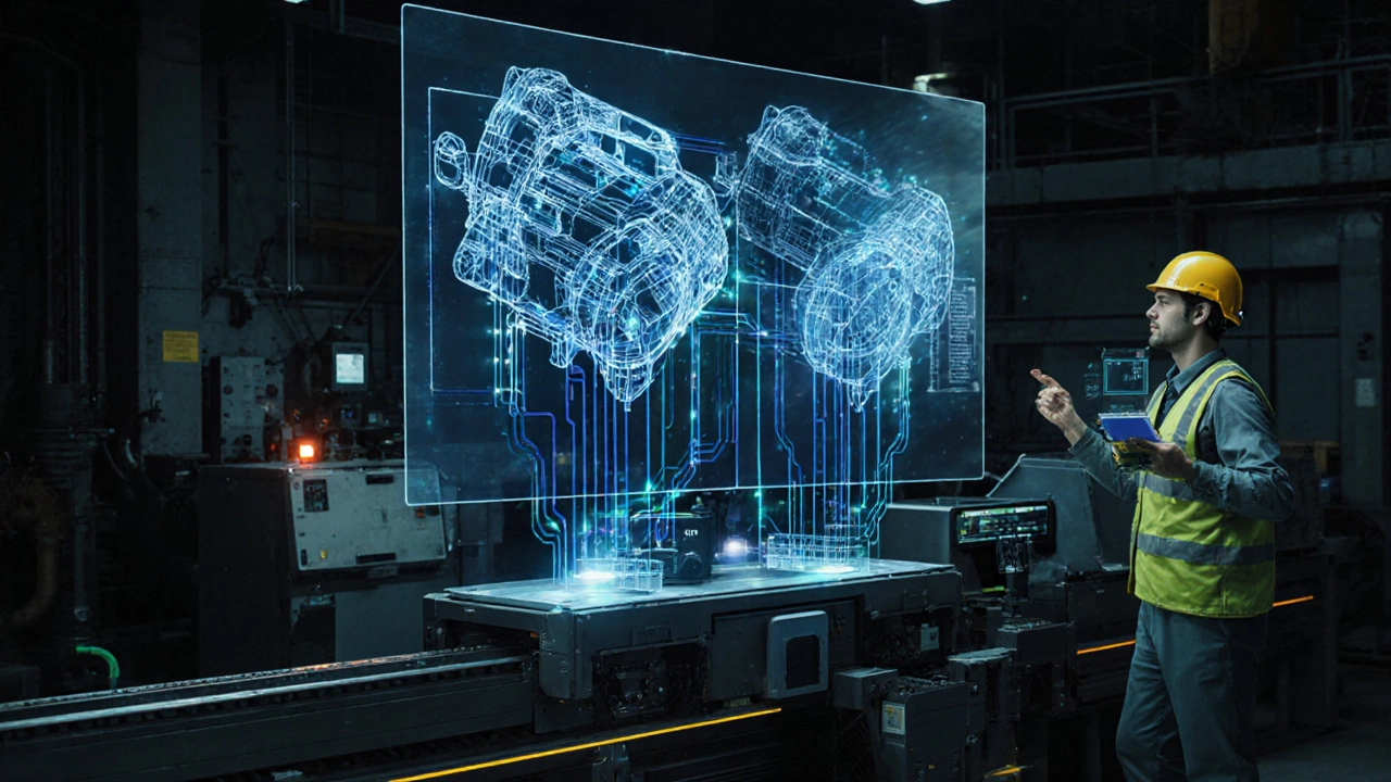 Цифровой двойник производственной линии, показывающий потоки данных и прогнозируемый износ оборудования.