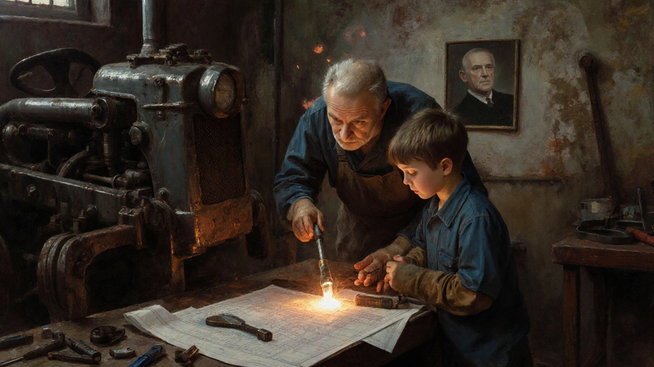 Дедушка учит внука сварке у трактора, на стене — фото отца.