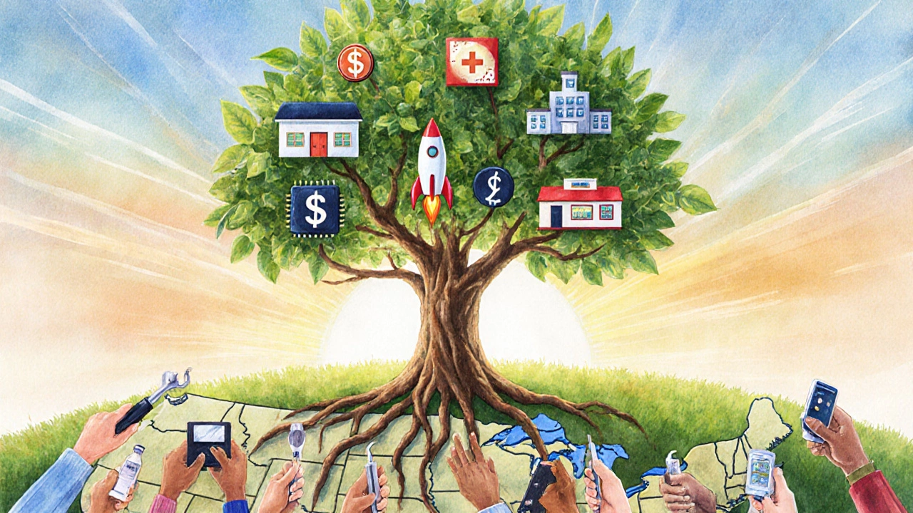 Дерево, выросшее из карты США, корни из малого бизнеса, ветви — из инноваций: ракета, чип, школа.