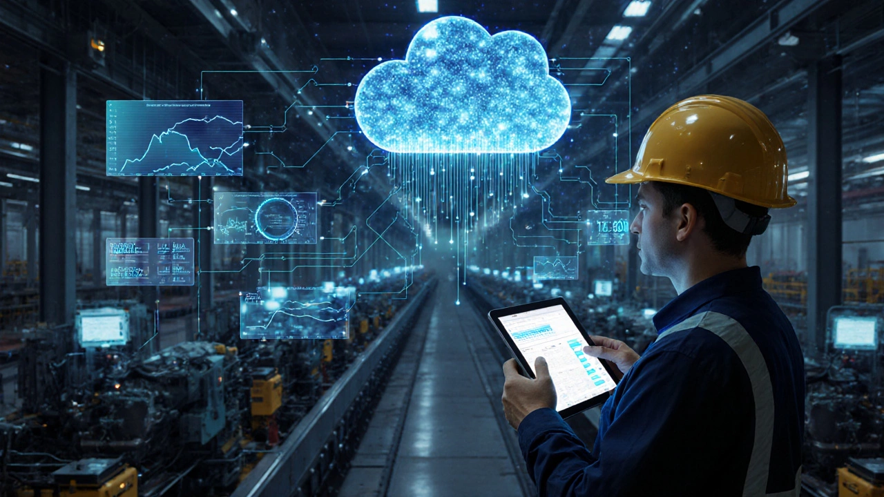 Инженер с планшетом смотрит на поток данных с датчиков станков в цеху.