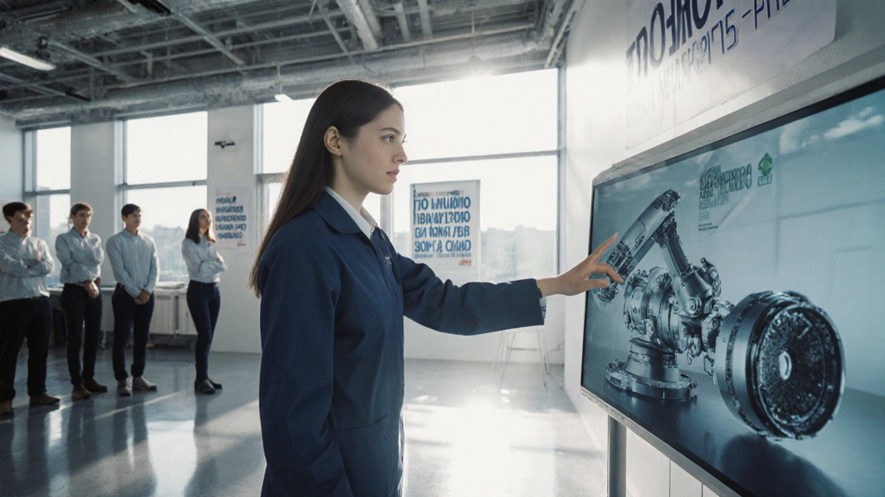 Молодая инженерша обучает студентов работе с роботами и 3D-печатью в современном учебном центре.