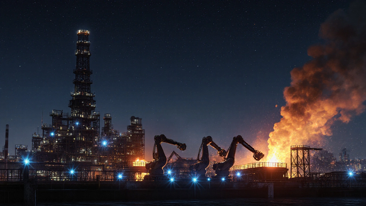 Ночной вид металлургического комбината на Урале с плавкой металла и роботизированными линиями.