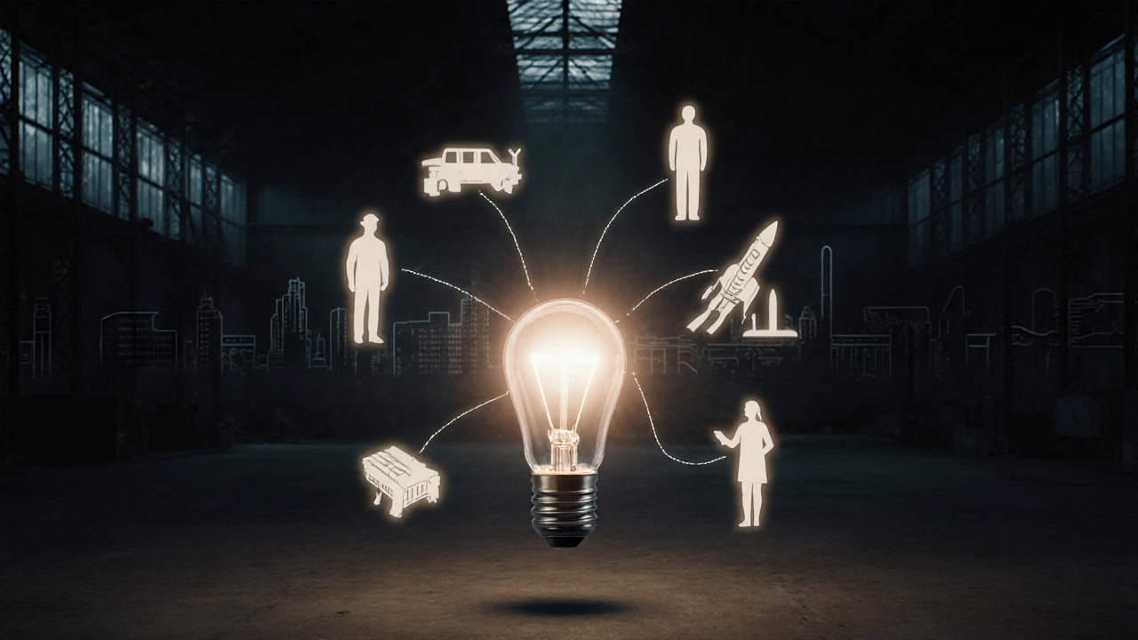 Одинокая лампочка в пустом складе, вокруг — прозрачные силуэты работников, соединённые световыми нитями.