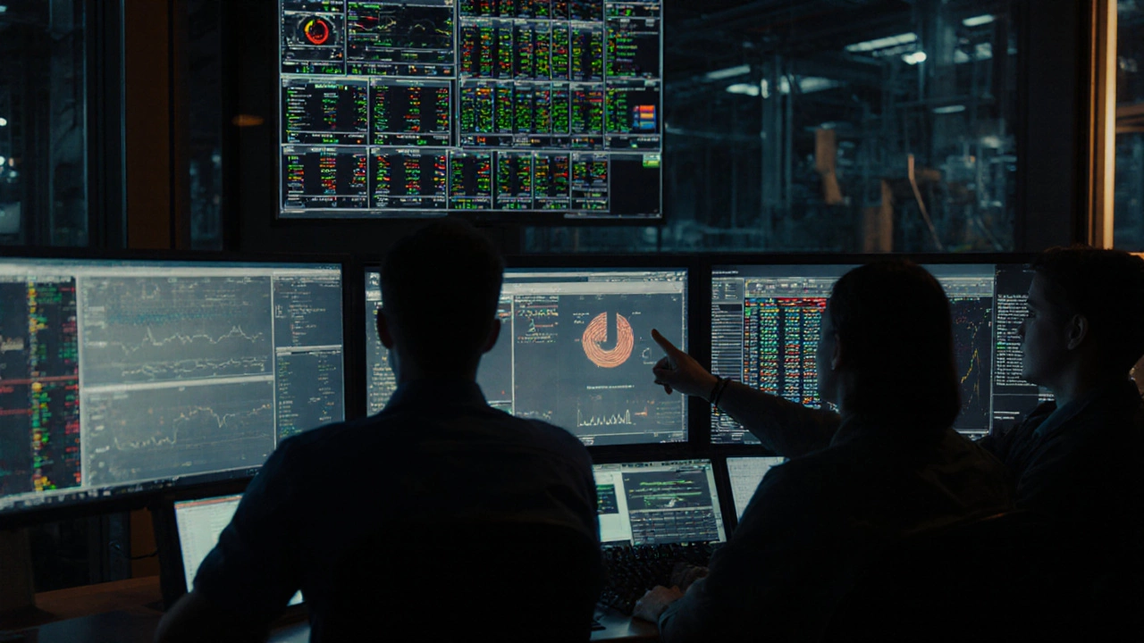 Операторы в центре управления следят за живыми дашбордами с данными о работе станков.