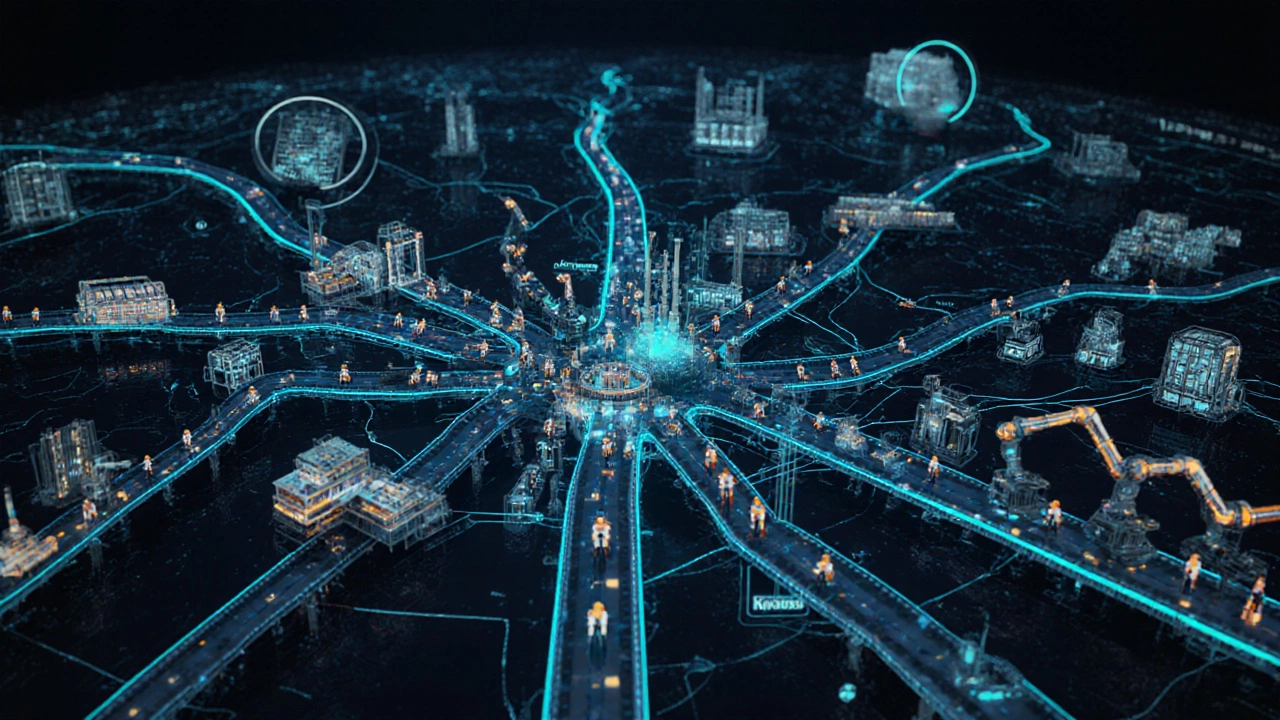 Промышленность России как живое существо: станки, трубопроводы и люди соединены светящимися потоками данных.