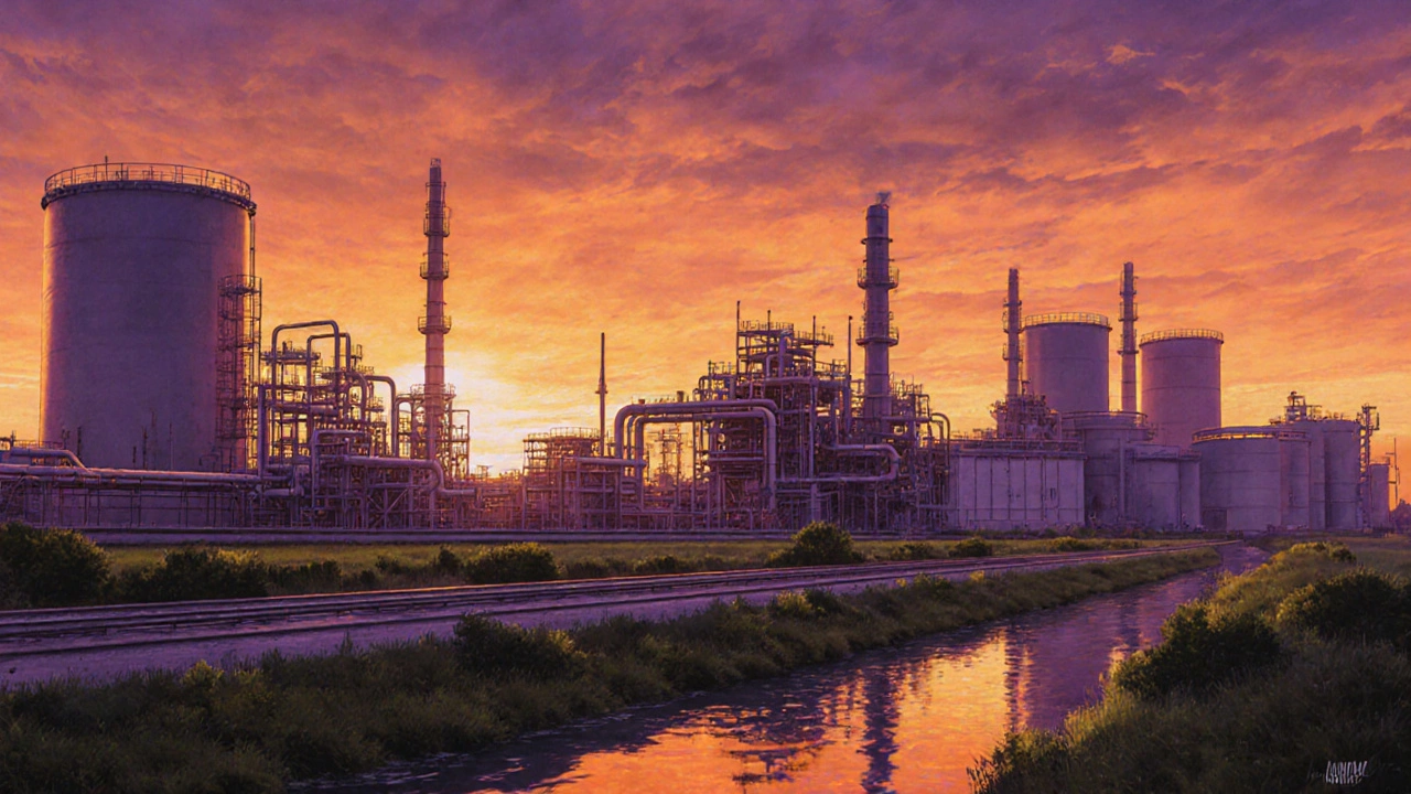 Промышленный пейзаж Татарстана с химическими заводами и автозаводом на закате.