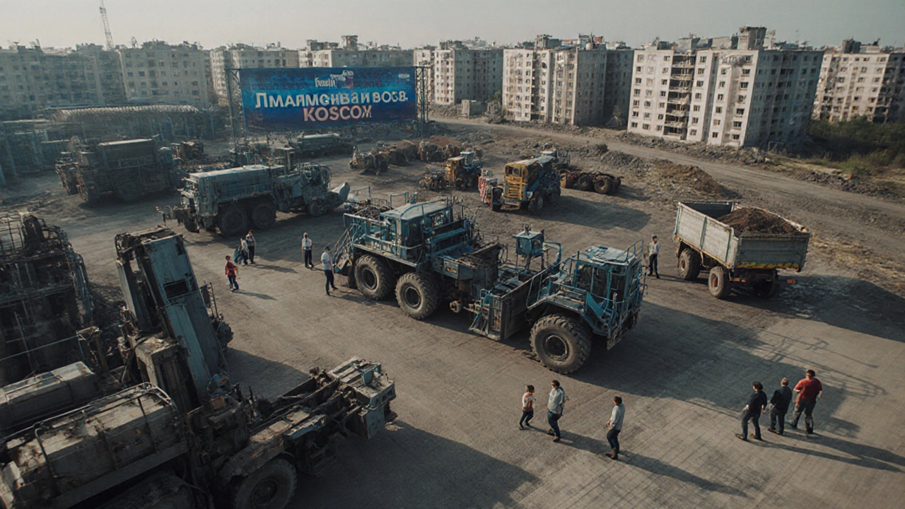 Рабочие на отечественных станках с ЧПУ, грузовики и жилые дома на фоне завода.