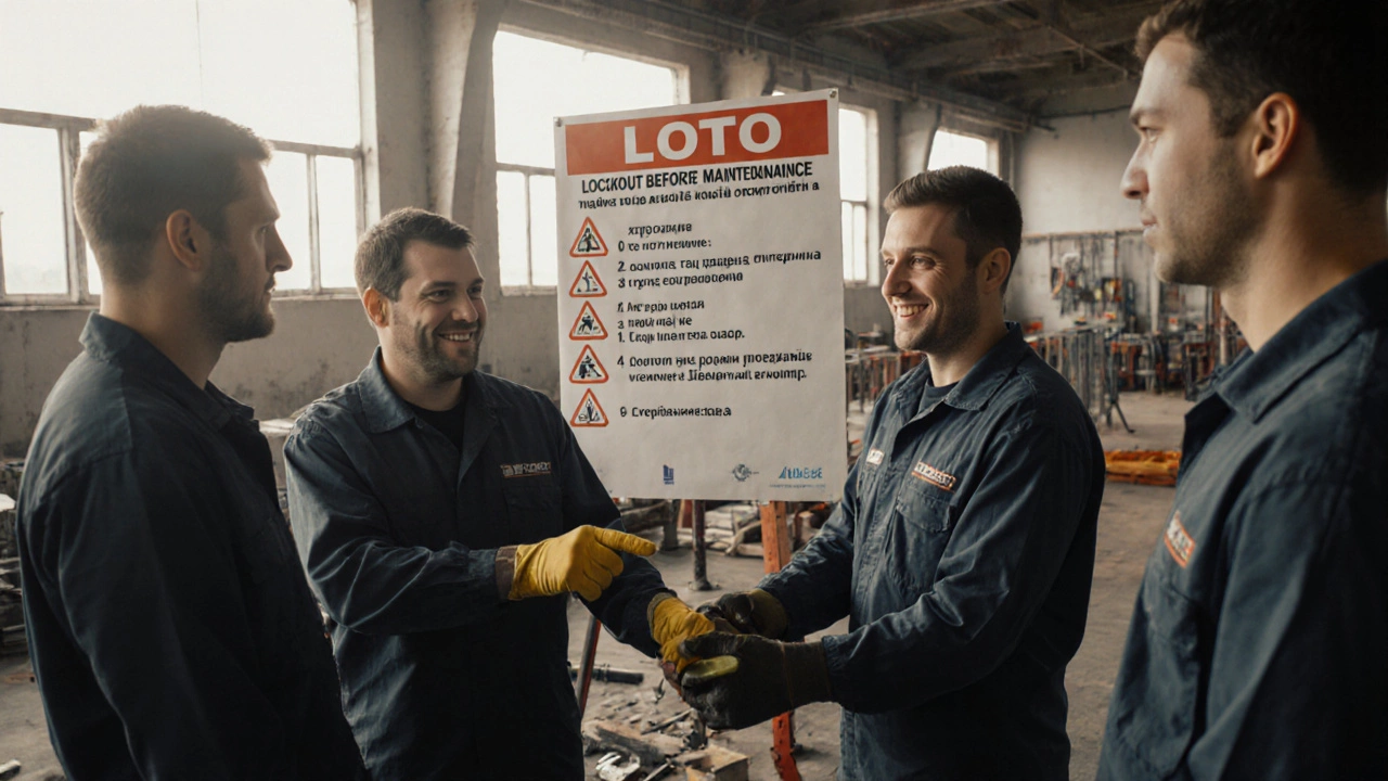 Рабочие обсуждают правила безопасности у плаката, один передает коллеге новые перчатки, свет с окна.