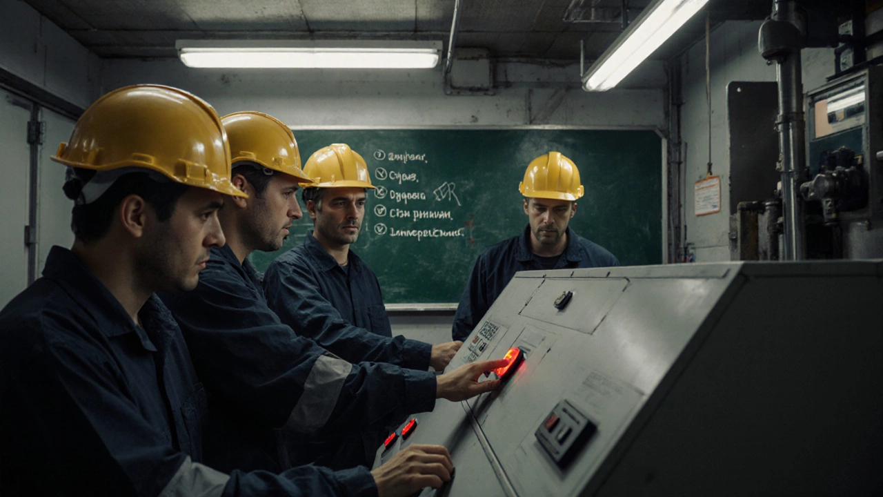 Рабочие отрабатывают экстренную остановку оборудования на тренажёре под наблюдением наставника.