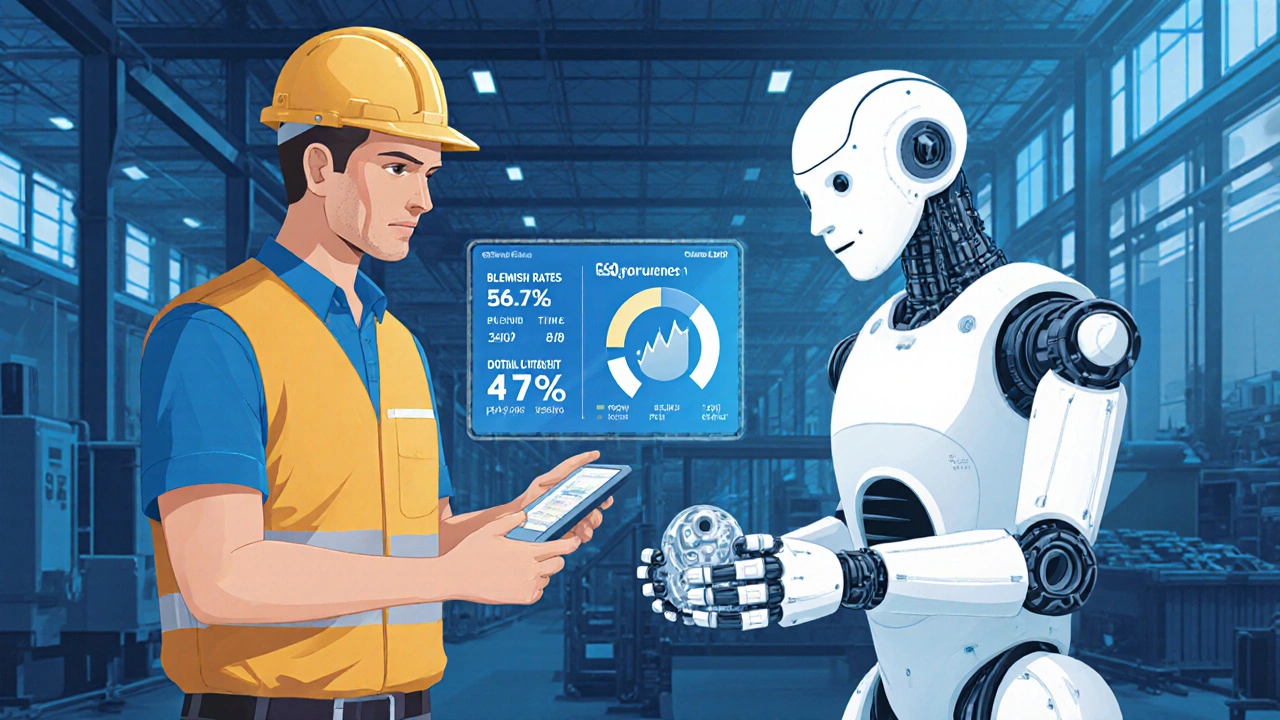 Рабочий и робот вместе смотрят на экран с показателями эффективности производства.