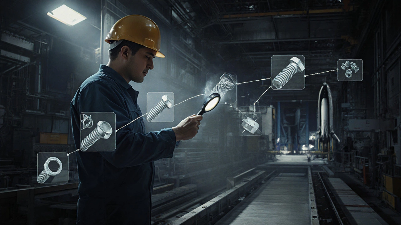 Рабочий проверяет болт, с прозрачным изображением его пути от сырья до ракетного двигателя.