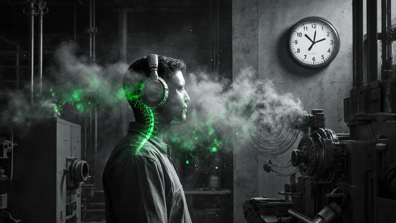 Рабочий в наушниках, вокруг него невидимые токсичные облака, проникающие в тело, фон — старые станки.