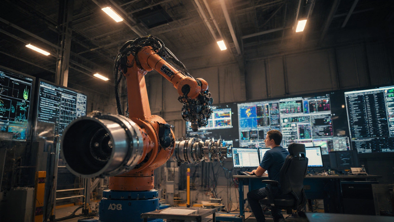 Робот-манипулятор собирает детали ракетного двигателя под наблюдением оператора.