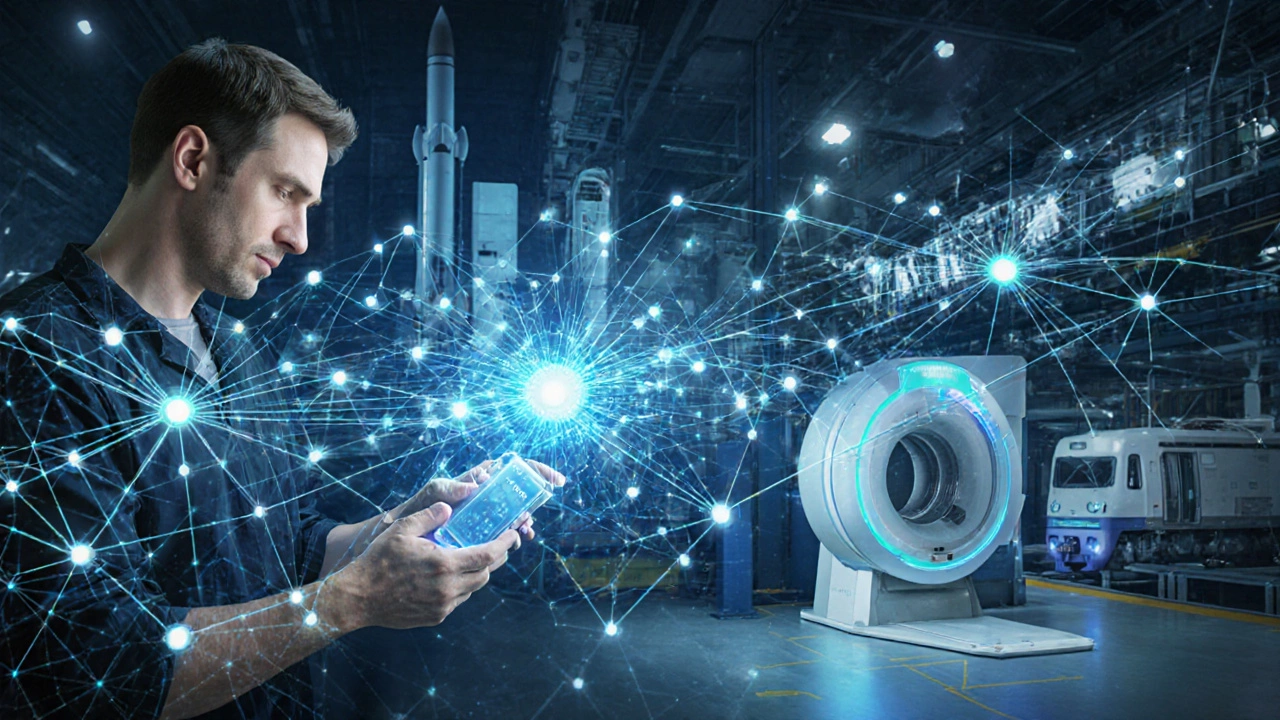 Сеть технологий, связывающая лабораторию, завод и больницу, с инженером в центре.