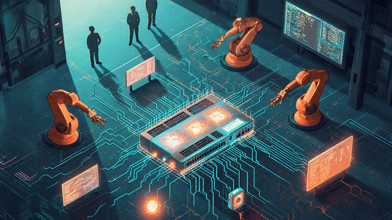 Схема автоматизированной системы завода: PLC, датчики, роботы и ИИ, соединённые светящимися потоками данных.