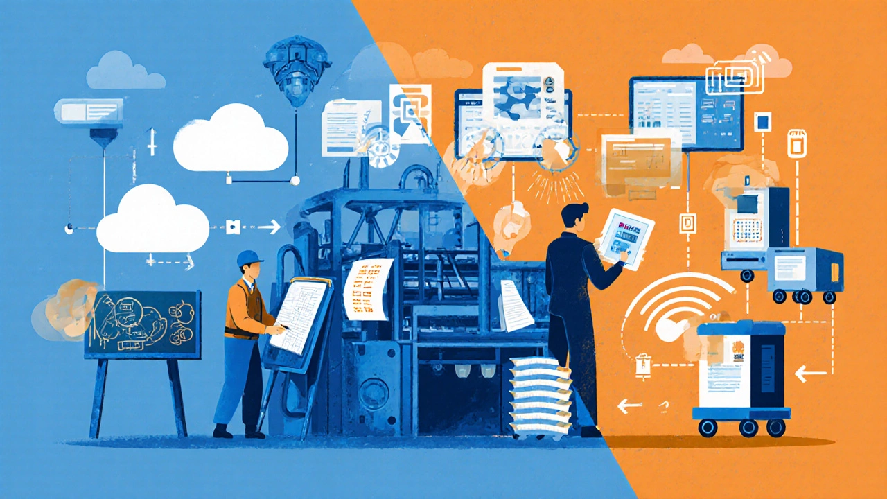 Сравнение старого и цифрового производства: от ручных записей к облачным системам на одном заводе.
