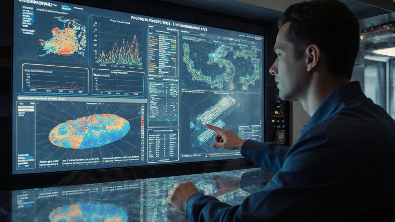Техник в центре управления смотрит на панель с аналитикой производственных процессов.
