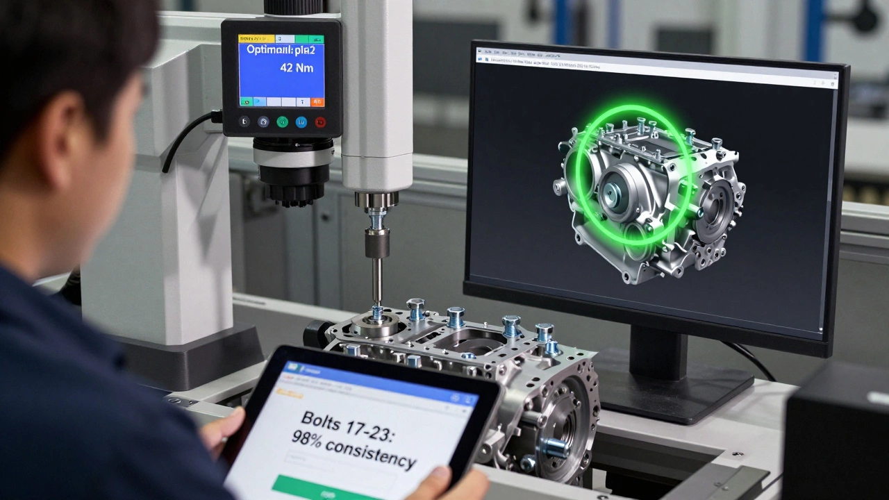 Автоматизированный ключ закручивает болт, а на экране — цифровой двойник с выделенной деталью.