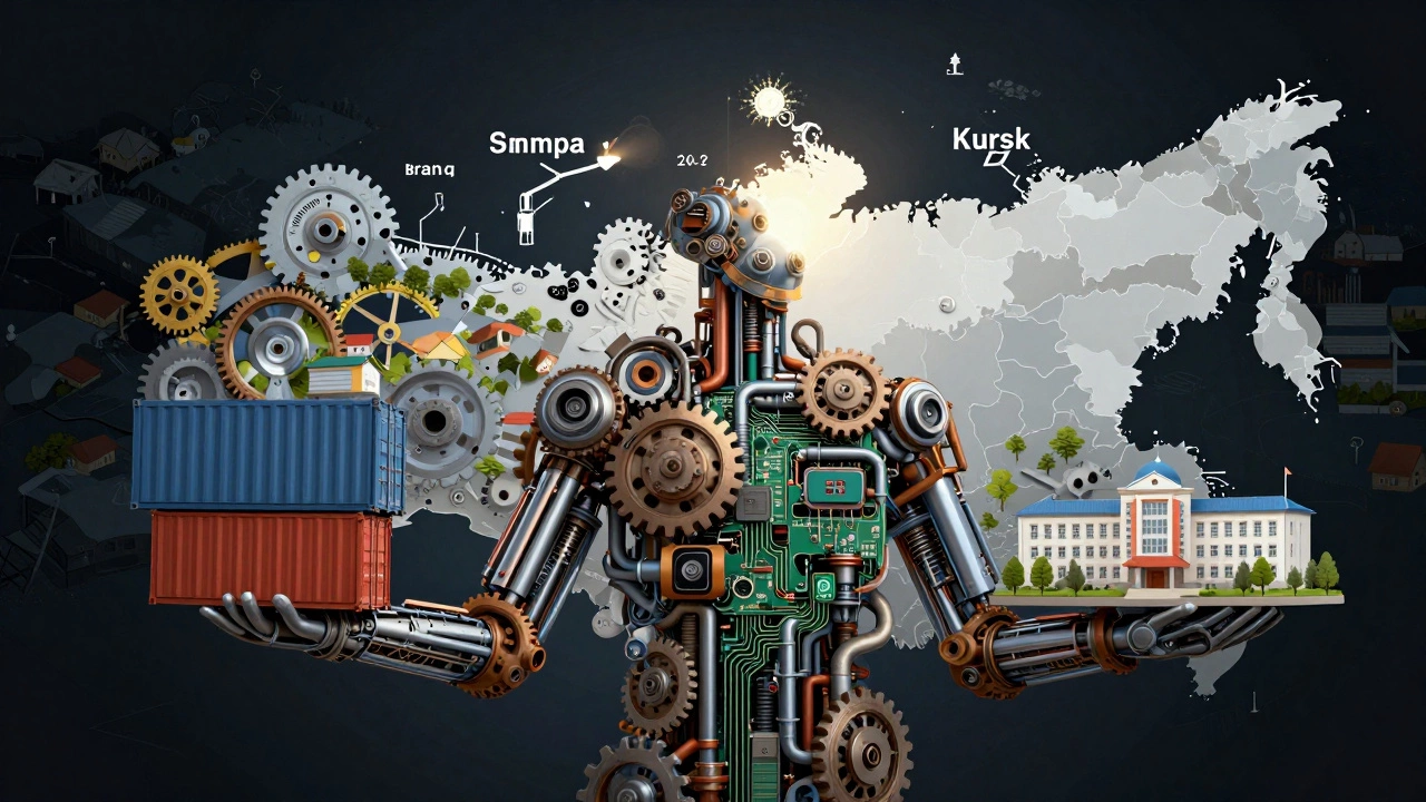 Человек, составленный из заводских деталей, поддерживает школы и экспортные контейнеры.