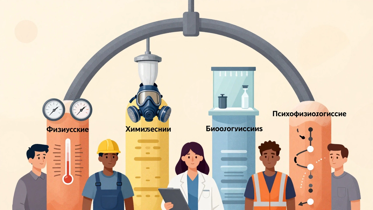 Четыре столба, символизирующие физические, химические, биологические и психофизиологические факторы безопасности труда, поддерживают защитный свод над работниками.