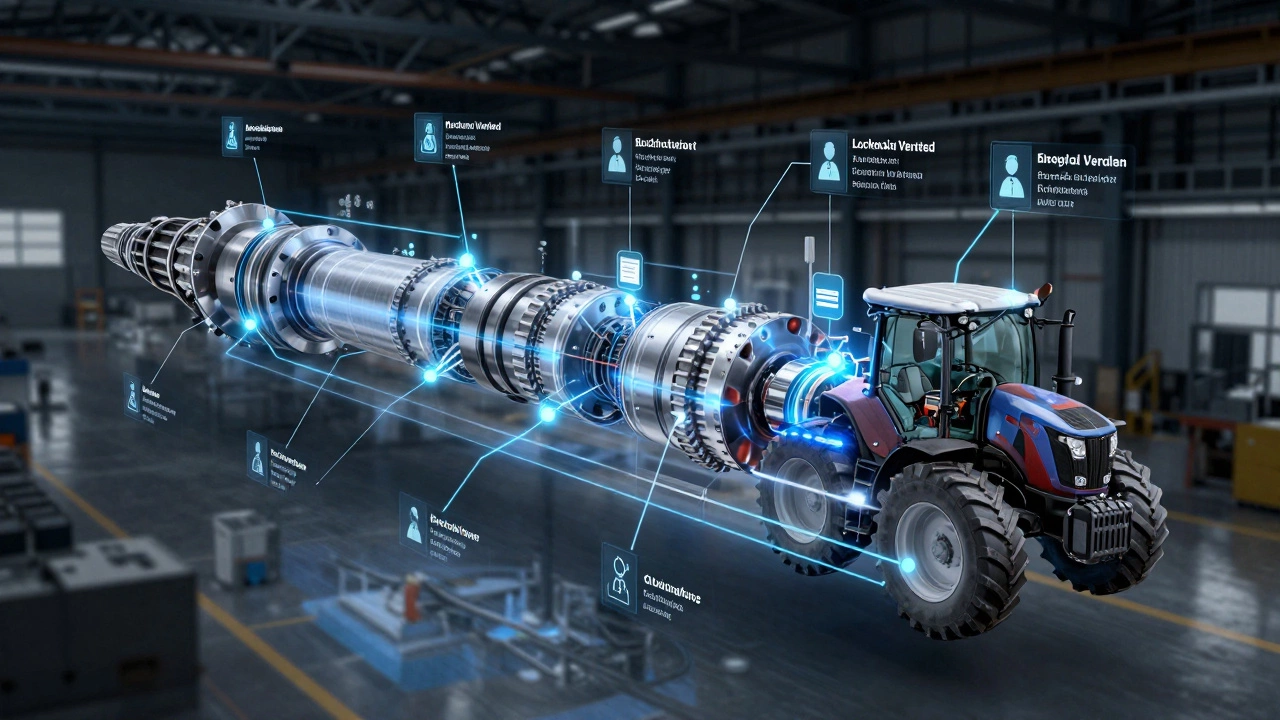 Цифровой двойник трансмиссии с потоками данных и блокчейн-проверками над производственным цехом.