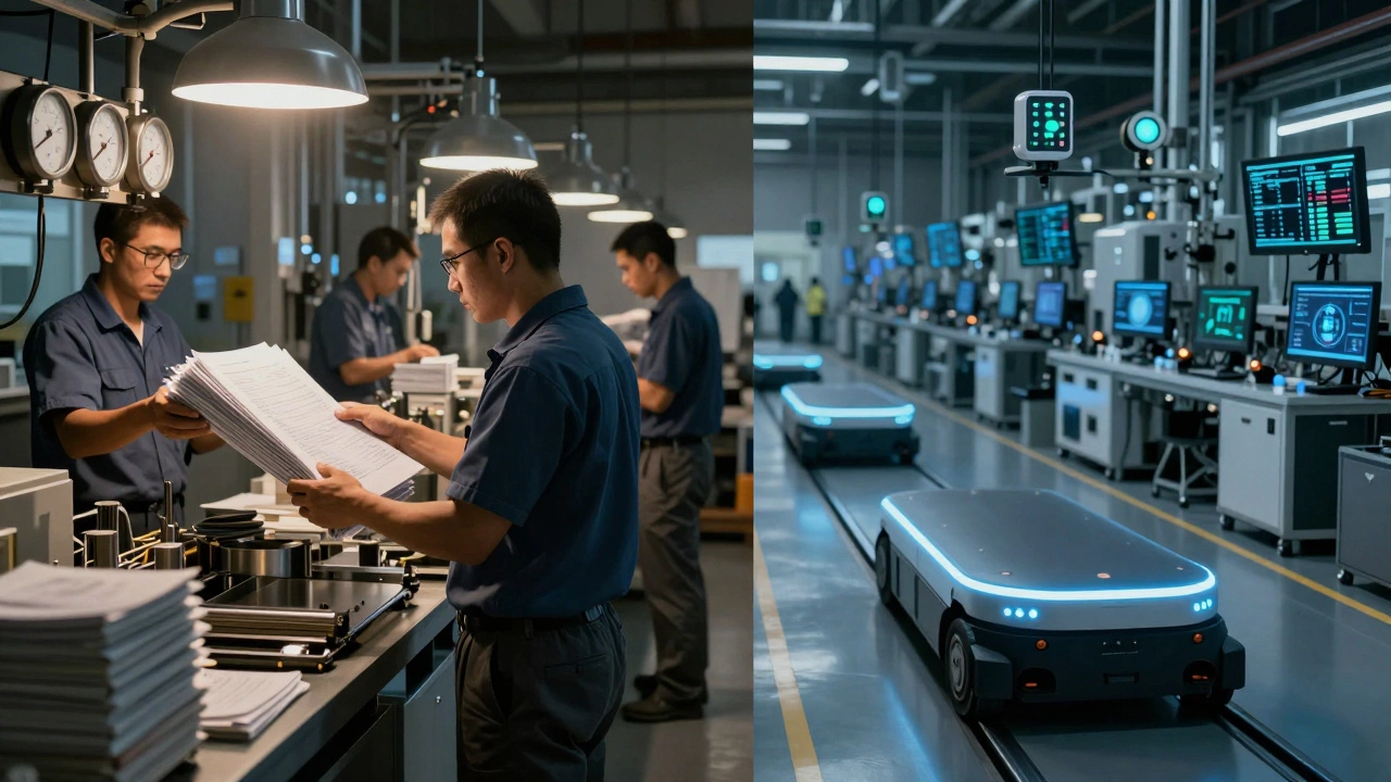 Две половины цеха: слева — ручной труд с бумагами, справа — автоматизация с датчиками и экранами.