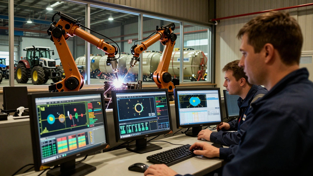 Инженеры в цеху следят за цифровыми панелями, а роботы сваривают детали для экспорта.
