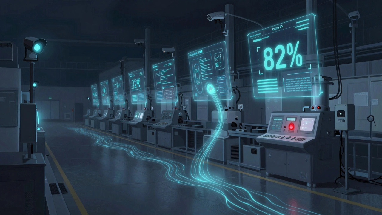 Ночная фабрика с потоками данных, предсказывающими сбой оборудования.