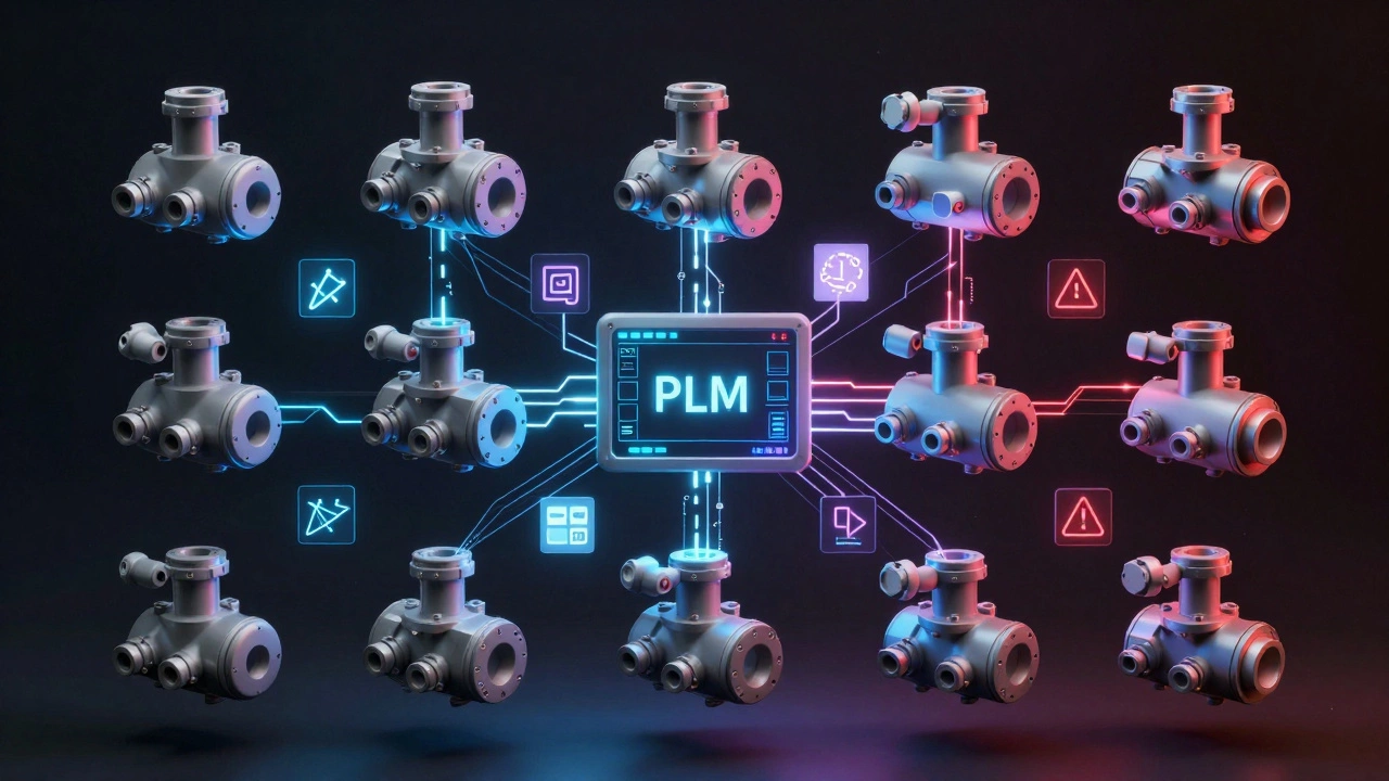 Одна 3D-модель динамически превращается в десятки вариантов, соединённых потоками данных, в киберпанк-стиле.