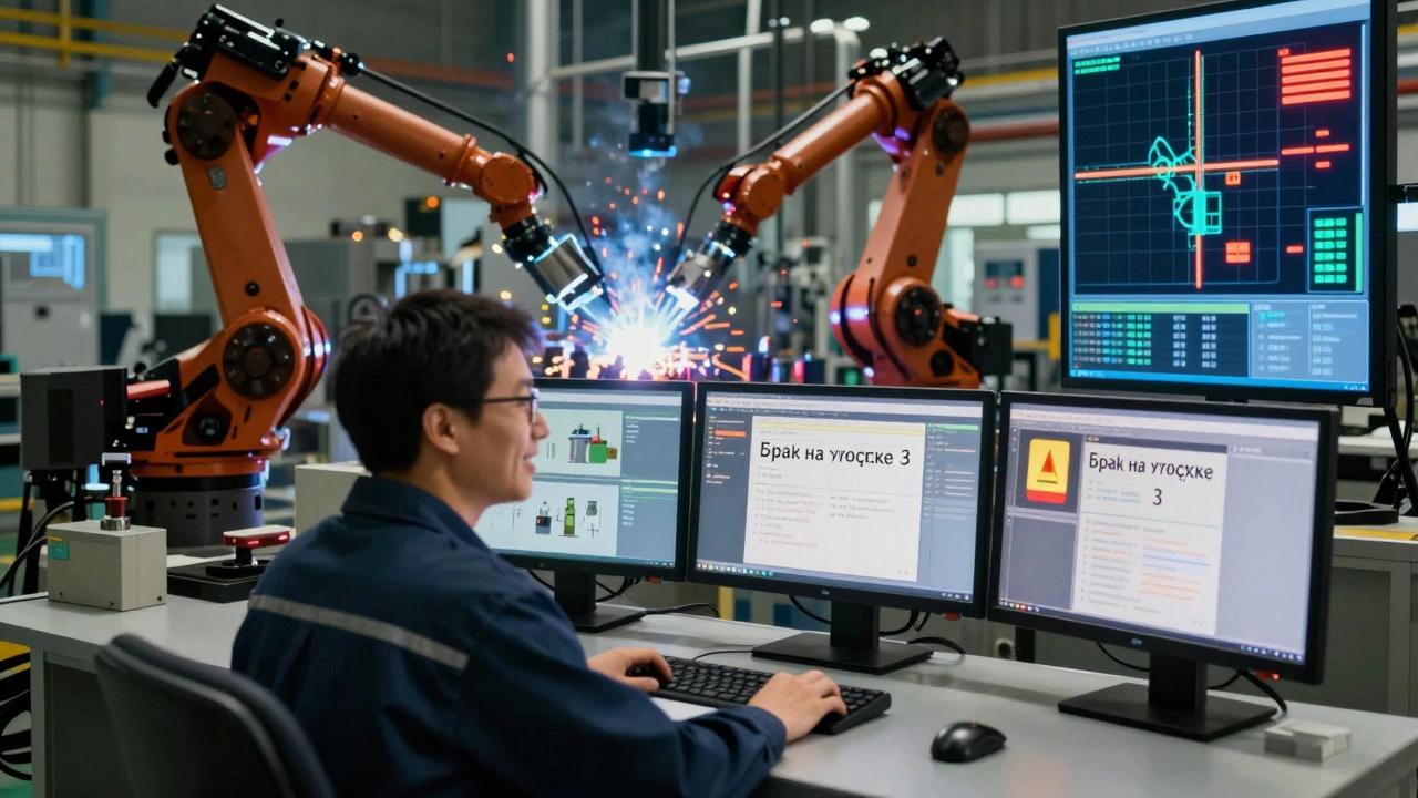 Оператор наблюдает за автоматизированным производством через мониторы в центре управления.