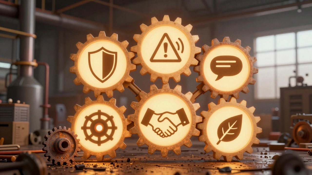 Пять шестеренок символизируют основы безопасности предприятия, одна сломана.