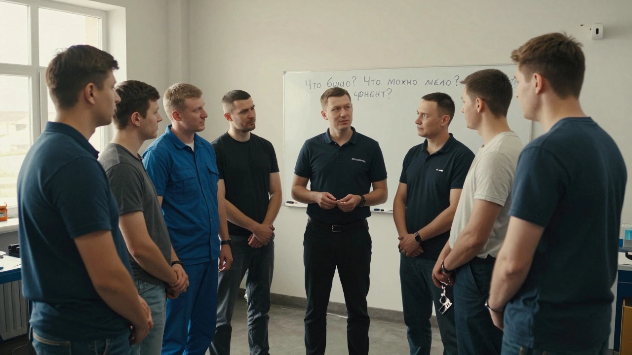 Рабочие обсуждают инцидент в кругу, один держит ключ остановленного станка.