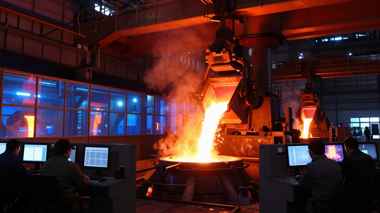 Разлив расплавленной стали на металлургическом заводе, операторы контролируют процесс с экранов.