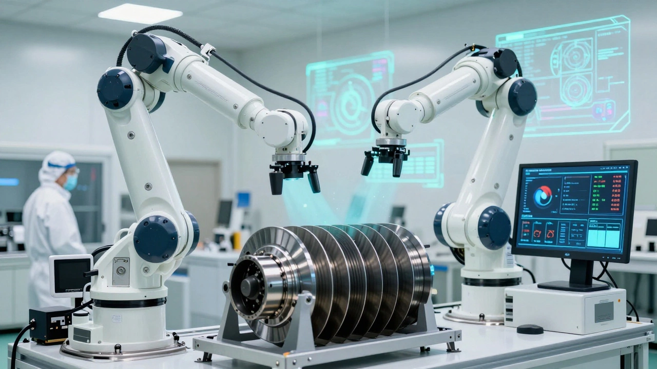 Робот с ИИ-камерами сканирует лопатки турбины на дефекты в цеху.