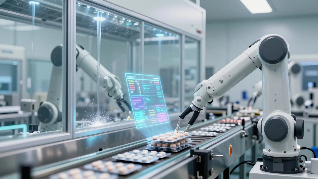 Роботы упаковывают таблетки в стерильной фармацевтической линии без участия человека.