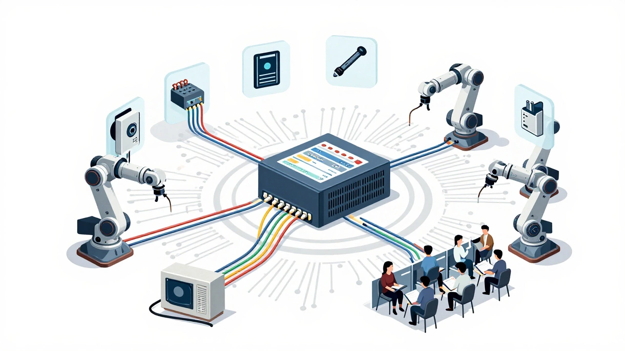 Схема системы промышленной автоматизации с датчиками, роботами и потоками данных.