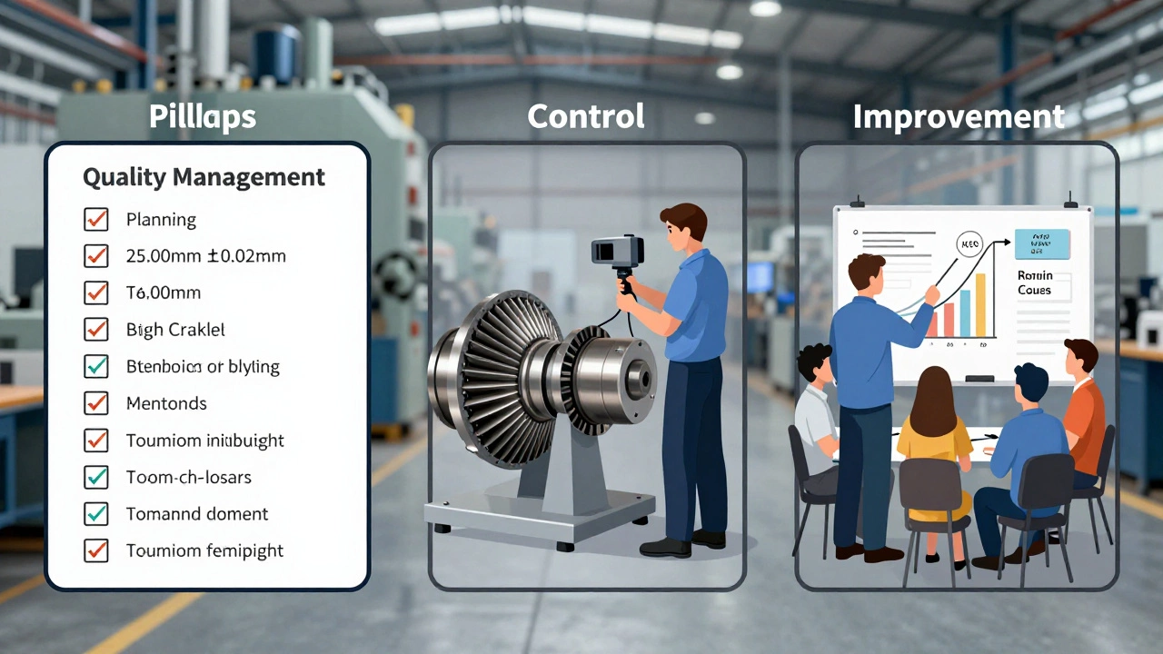 Схема трёх компонентов управления качеством: планирование, контроль и улучшение.