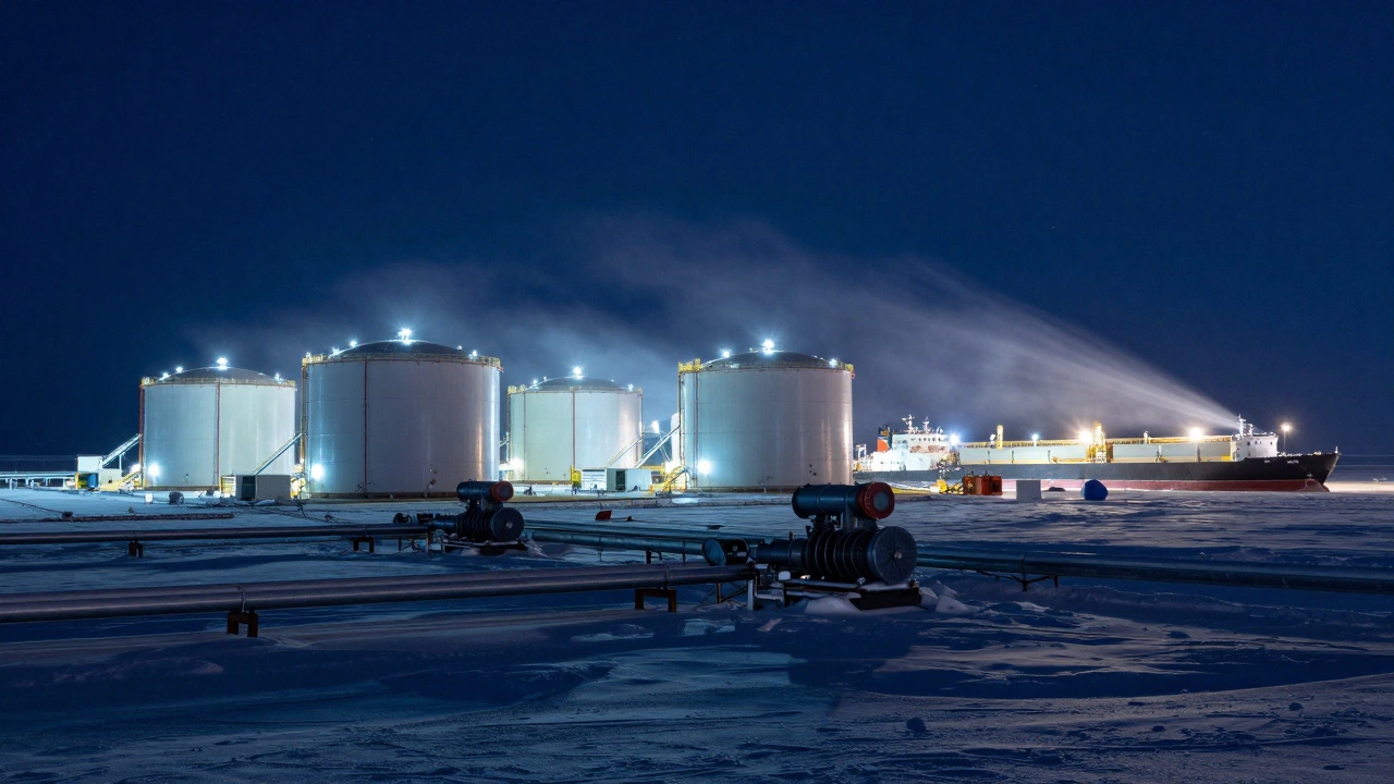 Сжиженный природный газ на терминале Ямал, трубы и танкеры в полярной ночи.